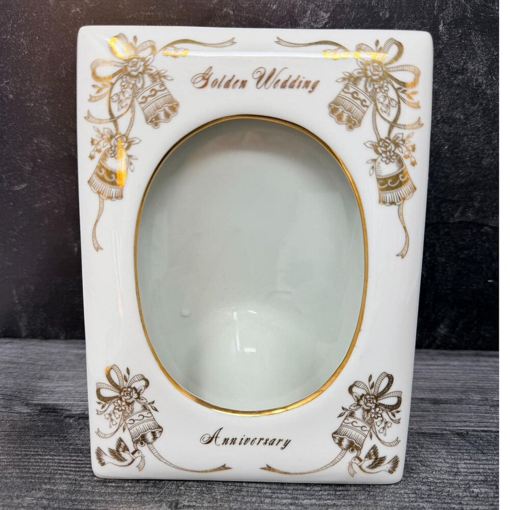 Vintage Lefton Golden Wedding Porcelain Photo Frame Japan 4x6 50th Anniversary 1